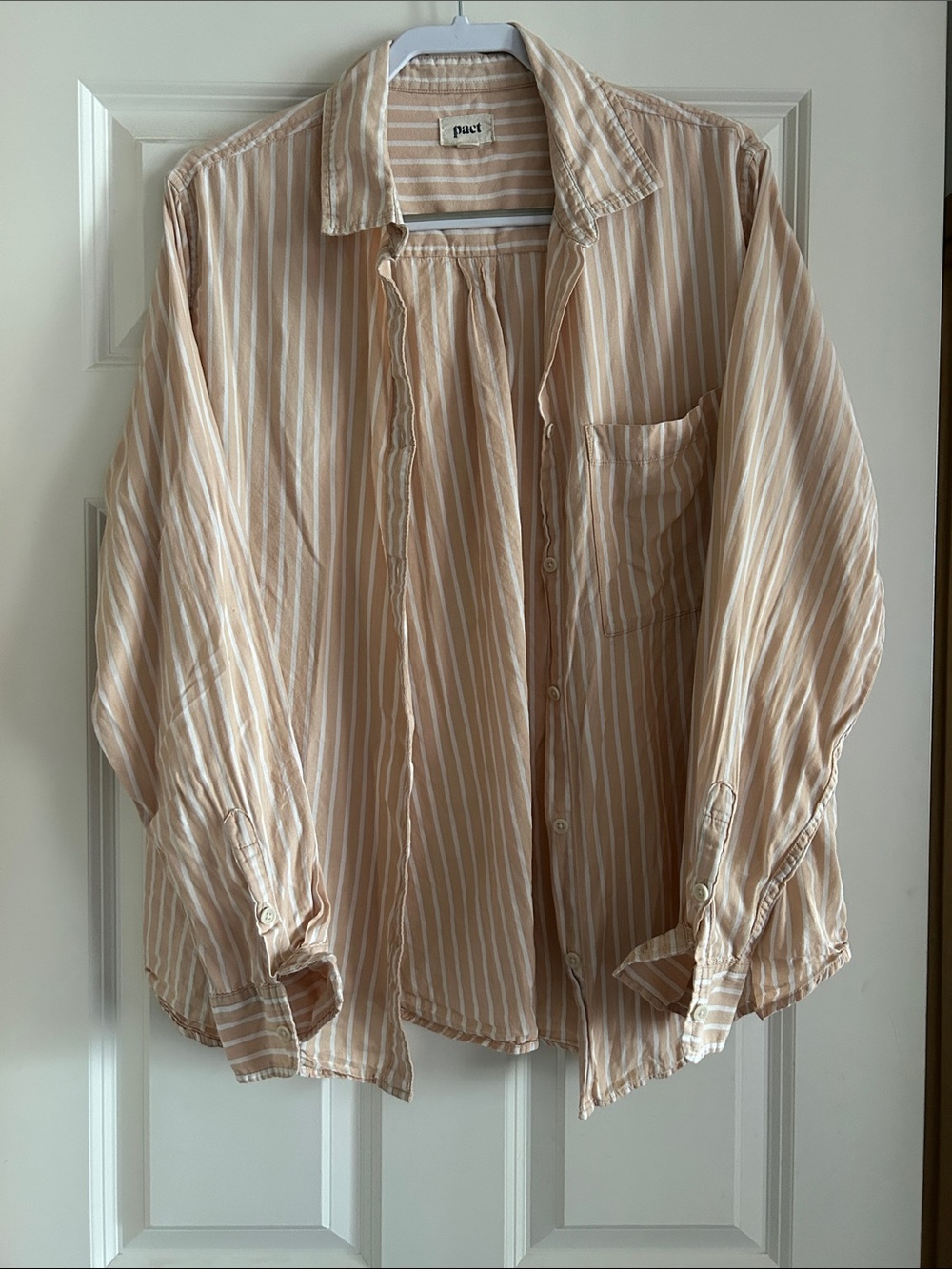 Pact Beige and White Striped Casual Button-Down Shirt xl
